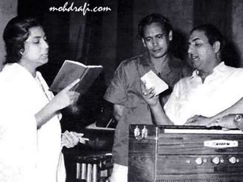 The recording of the song Raat suhaani jaag rahi hai (In the pic: Suman Kalyanpur with Mohammad Rafi and Laxmikant Pyarelal) (Pic courtesy: i.ytimg.com)