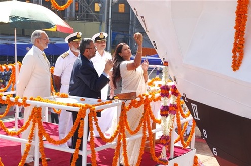 INS Sudarshini, the second of Sail Training Ships (first being INS Tarangini) being launched by Smt Letha Sushil wife of Vice Admiral K N Sushil, Flag Officer Commanding-in-Chief Southern Naval Command at Goa Shipyard